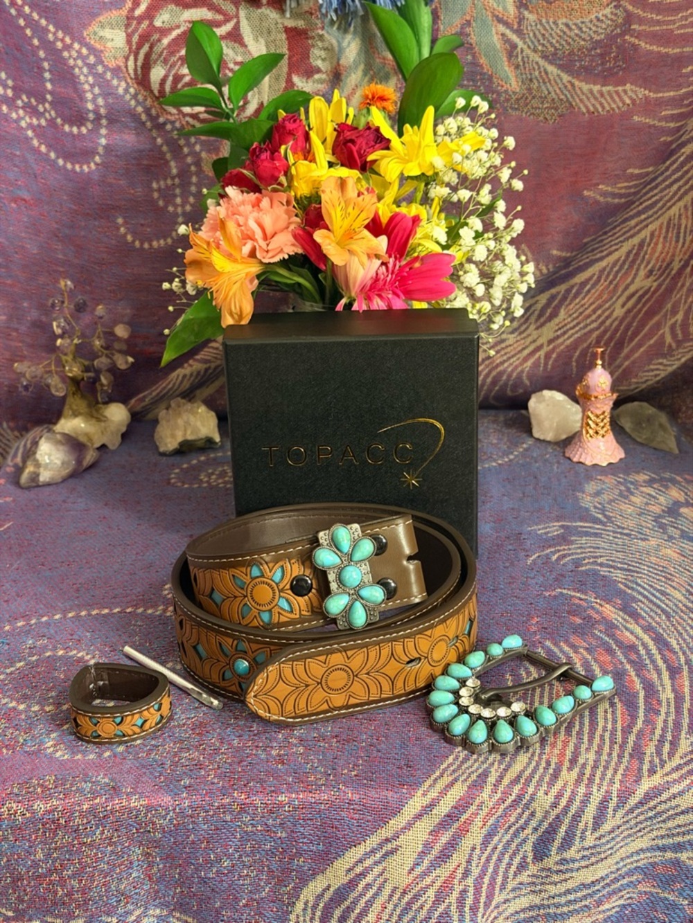 Tooled Floral Leather Belt with Turquoise Conchos -